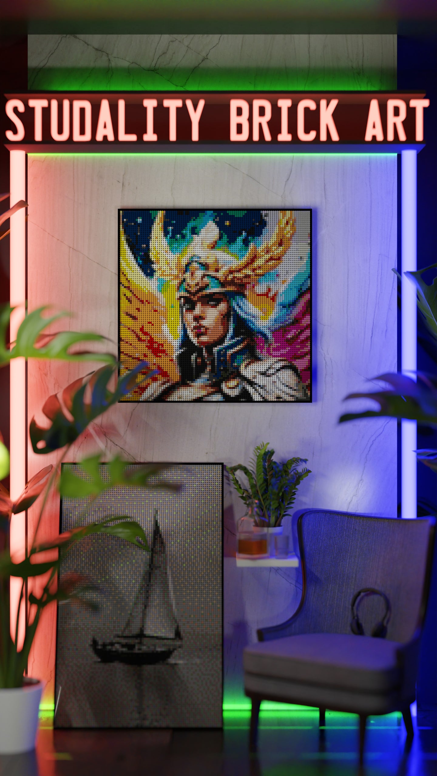 Valkyrie Vibrance LEGO® Style mosaic wall art made from colorful plastic bricks